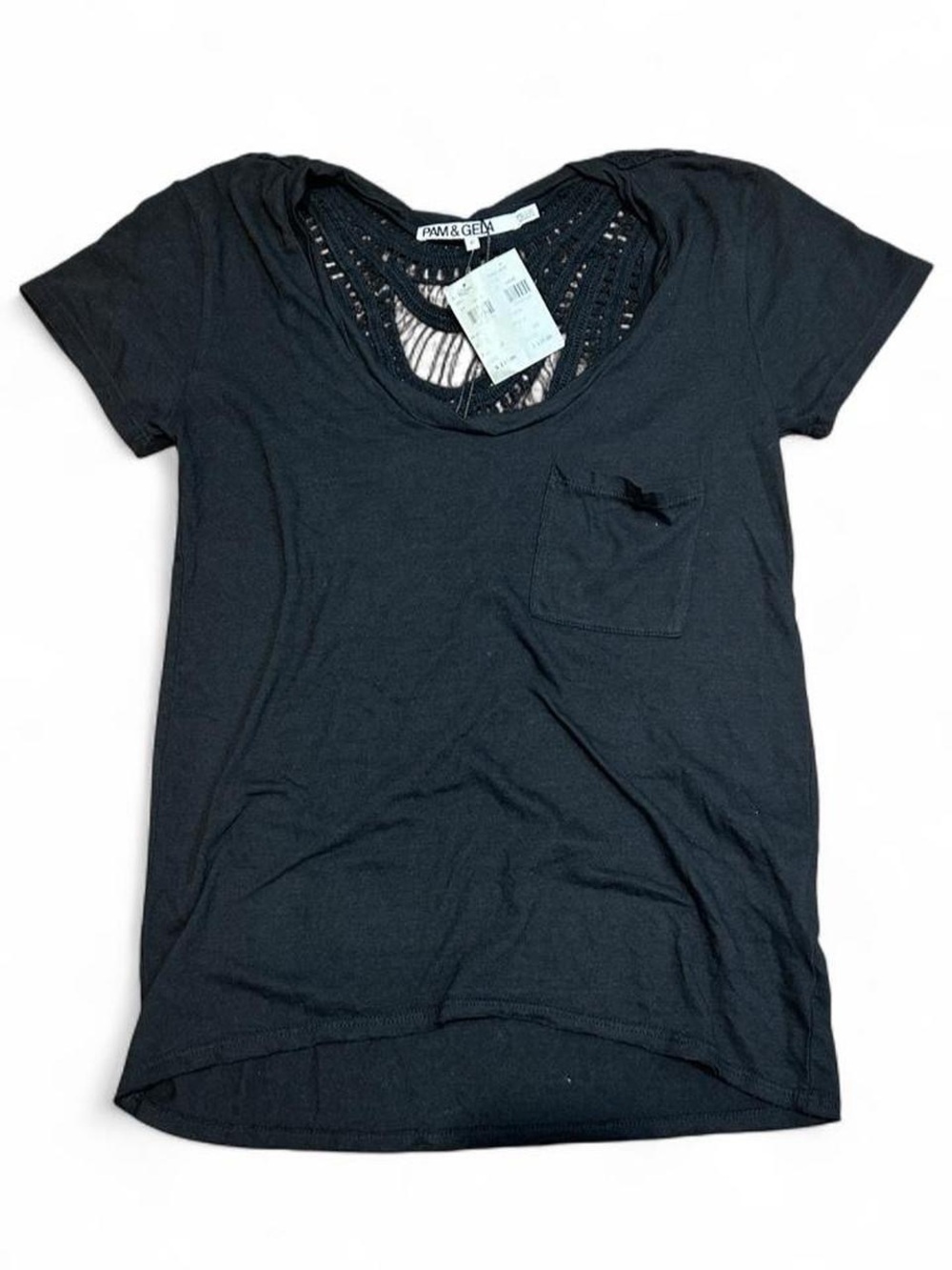 Pam & Gela Black Short Sleeve Pocket Tee with Lace